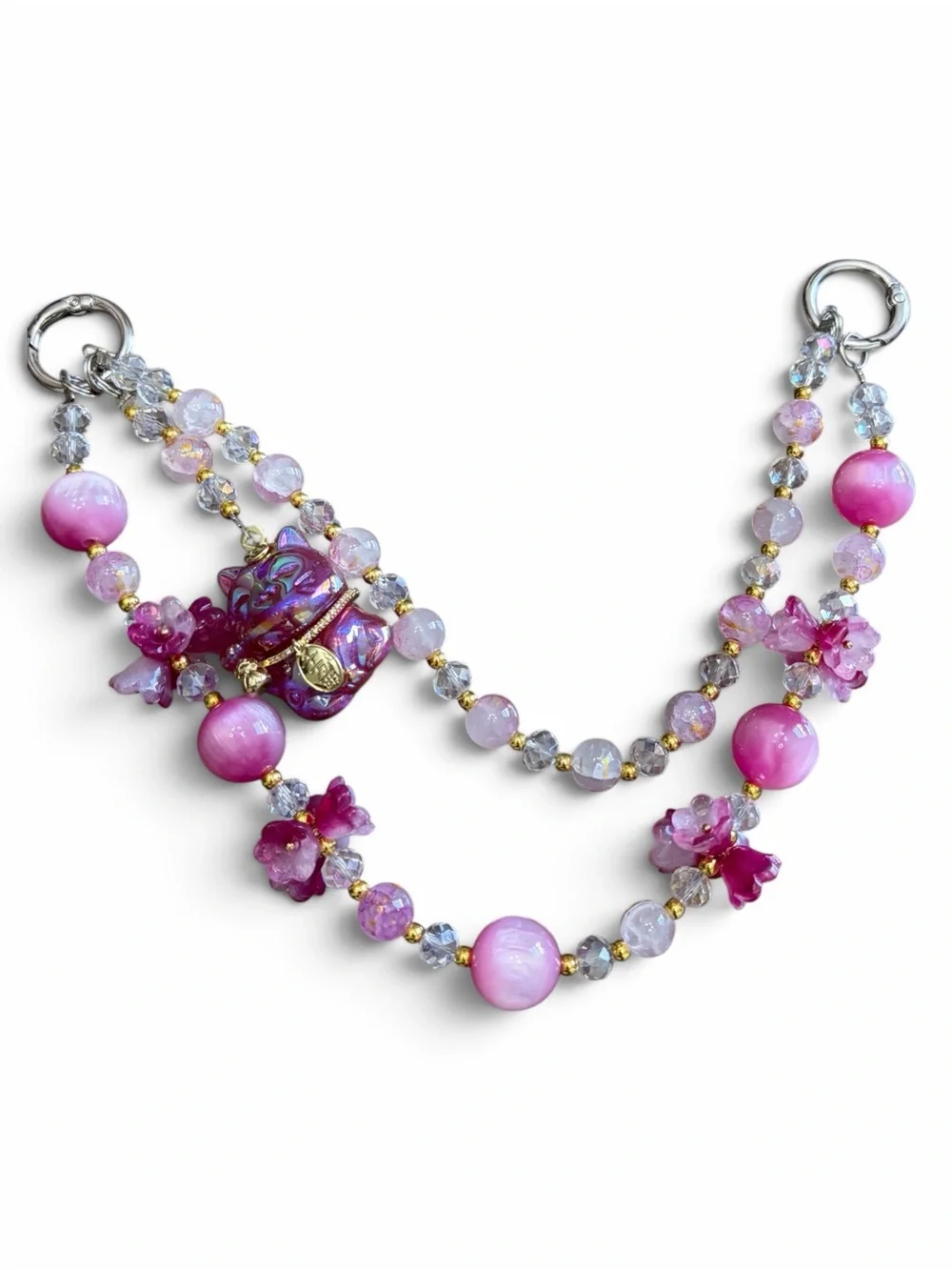 Pink Floral/Cat Double-Strand Bag Charm
